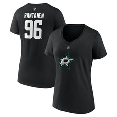 Mikko Rantanen Dallas Stars Fanatics Women's Authentic Stack Name & Number V-Neck T-Shirt - Black - NHL
