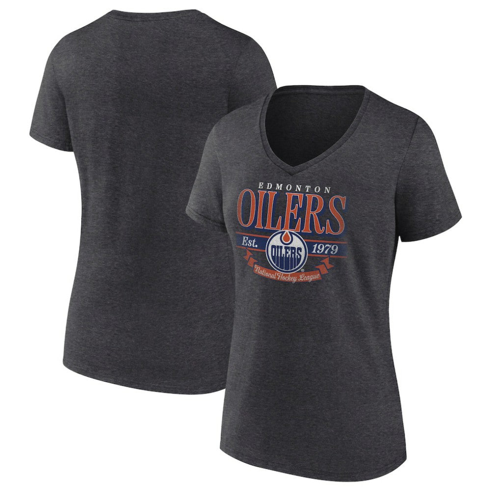 Edmonton Oilers Women's Retro Banner V-Neck T-Shirt - Charcoal - NHL