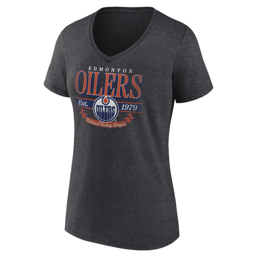 Edmonton Oilers Women's Retro Banner V-Neck T-Shirt - Charcoal - NHL