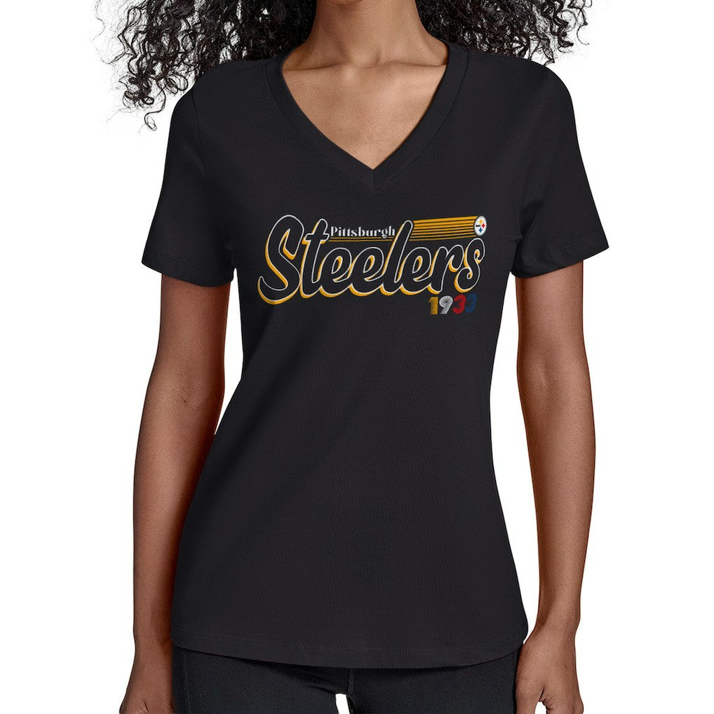 Pittsburgh Steelers Starter Women's Groovy Script V-Neck T-Shirt Black | NFL