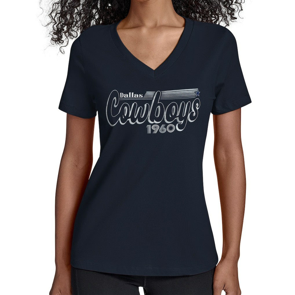 Dallas Cowboys Starter Women's Groovy Script V-Neck T-Shirt Navy | NFL