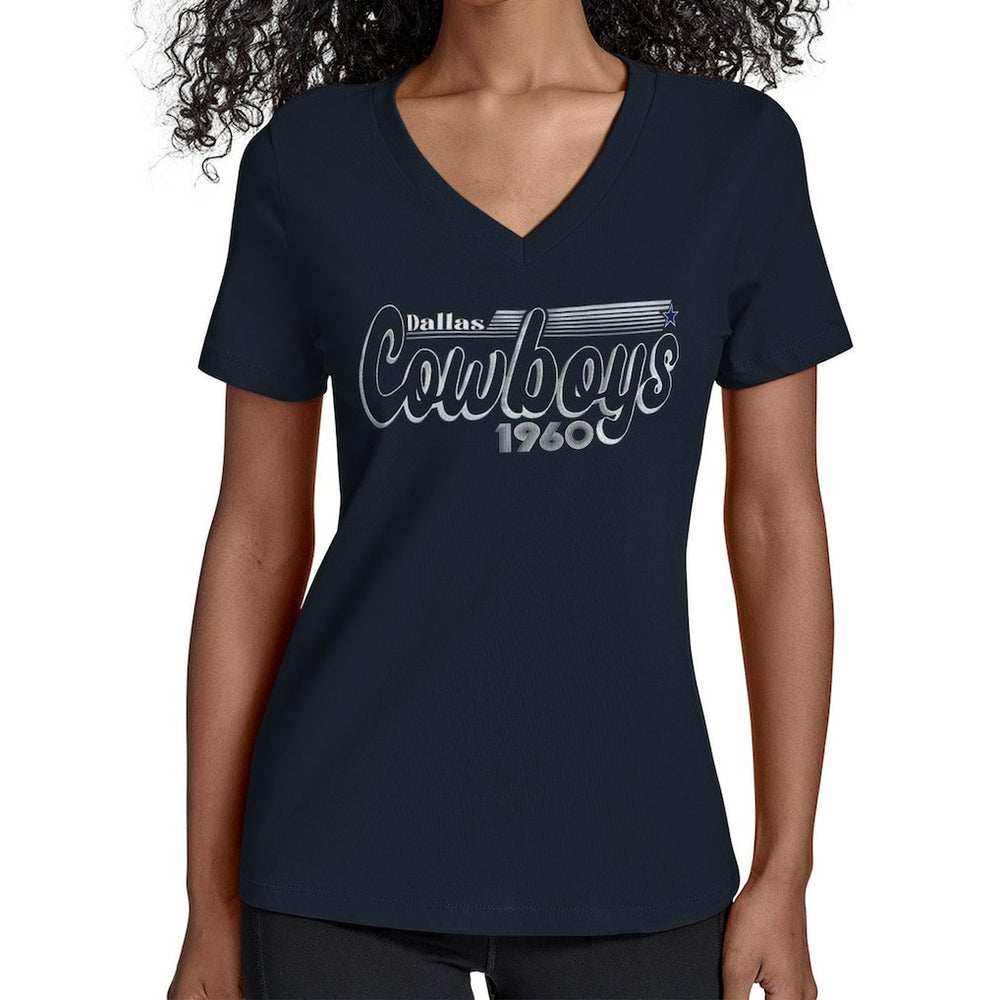 Dallas Cowboys Starter Women's Groovy Script V-Neck T-Shirt Navy | NFL