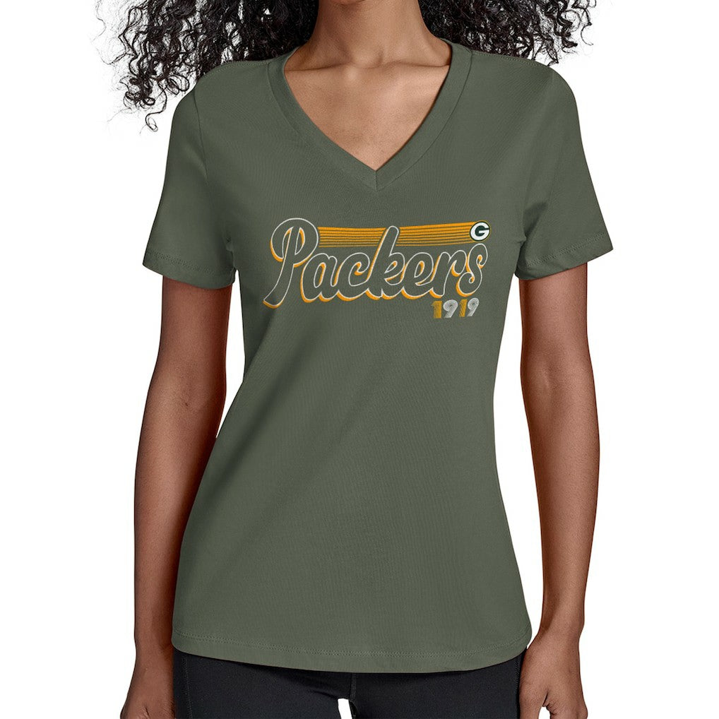 Green Bay Packers Starter Women's Groovy Script V-Neck T-Shirt Green | NFL