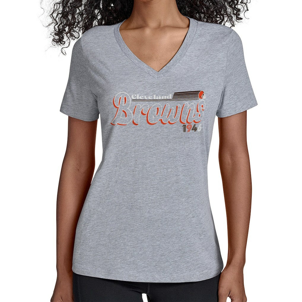 Cleveland Browns Starter Women's Groovy Script V-Neck T-Shirt Gray | NFL