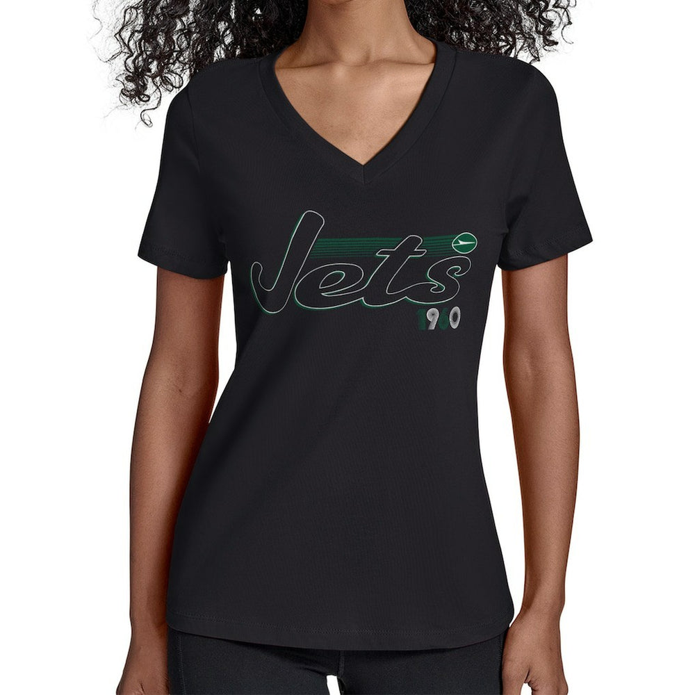 New York Jets Starter Women's Groovy Script V-Neck T-Shirt Black | NFL