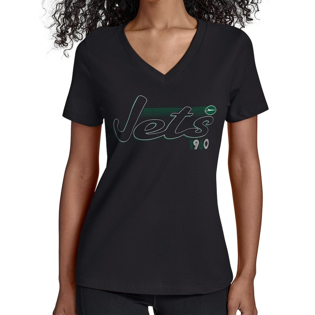 New York Jets Starter Women's Groovy Script V-Neck T-Shirt Black | NFL