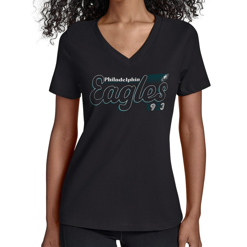 Philadelphia Eagles Starter Women's Groovy Script V-Neck T-Shirt Black | NFL