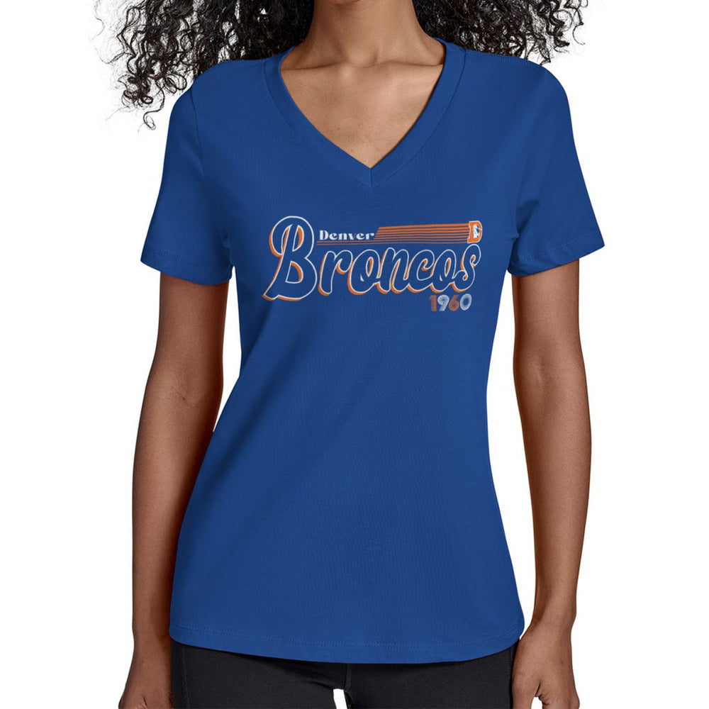 Denver Broncos Starter Women's Throwback Groovy Script V-Neck T-Shirt Royal | NFL