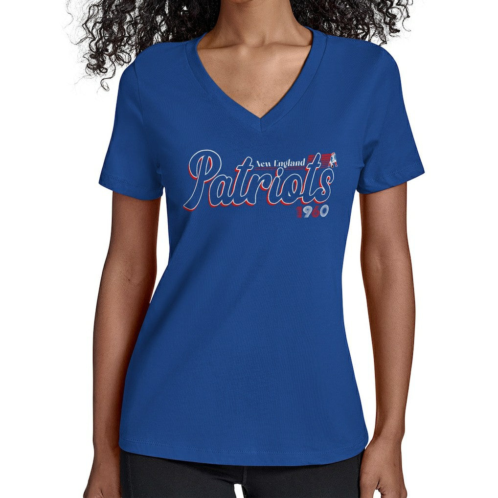 New England Patriots Starter Women's Throwback Groovy Script V-Neck T-Shirt Royal | NFL