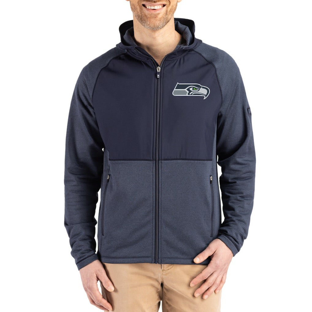 Seattle Seahawks Cutter & Buck Peshastin Eco Fleece Recycled Raglan Full-Zip Tri-Blend Hybrid Jacket Heather College Navy | NFL