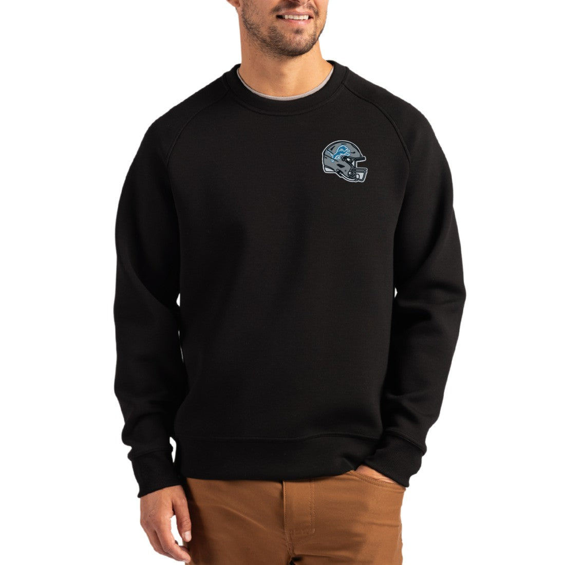 Detroit Lions Cutter & Buck Helmet Roam Recycled Raglan Pullover Sweatshirt Black | NFL