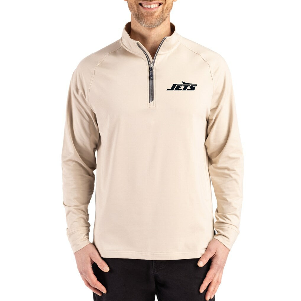 New York Jets Cutter & Buck Adapt Eco Knit Stretch Recycled Quarter-Zip Pullover Tan | NFL