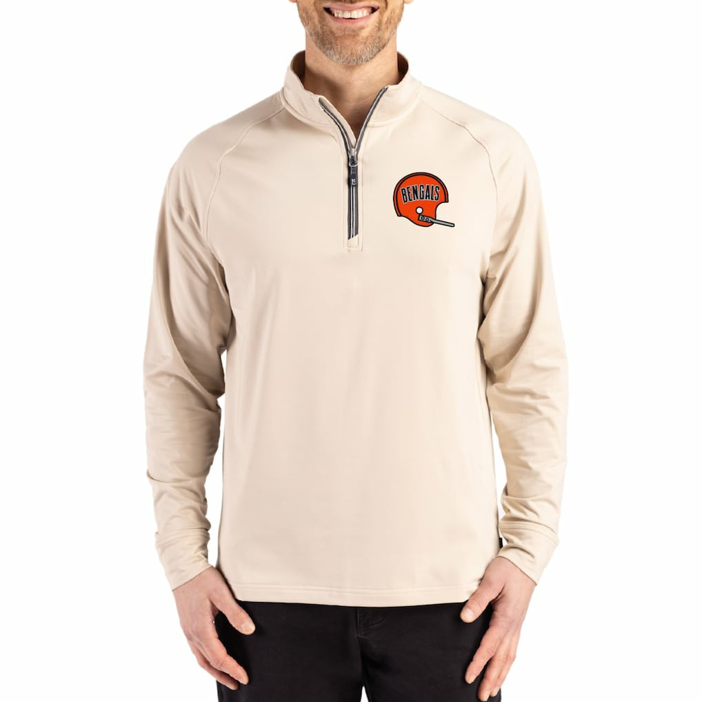 Cincinnati Bengals Cutter & Buck Throwback Logo Adapt Eco Knit Stretch Recycled Quarter-Zip Pullover Tan | NFL