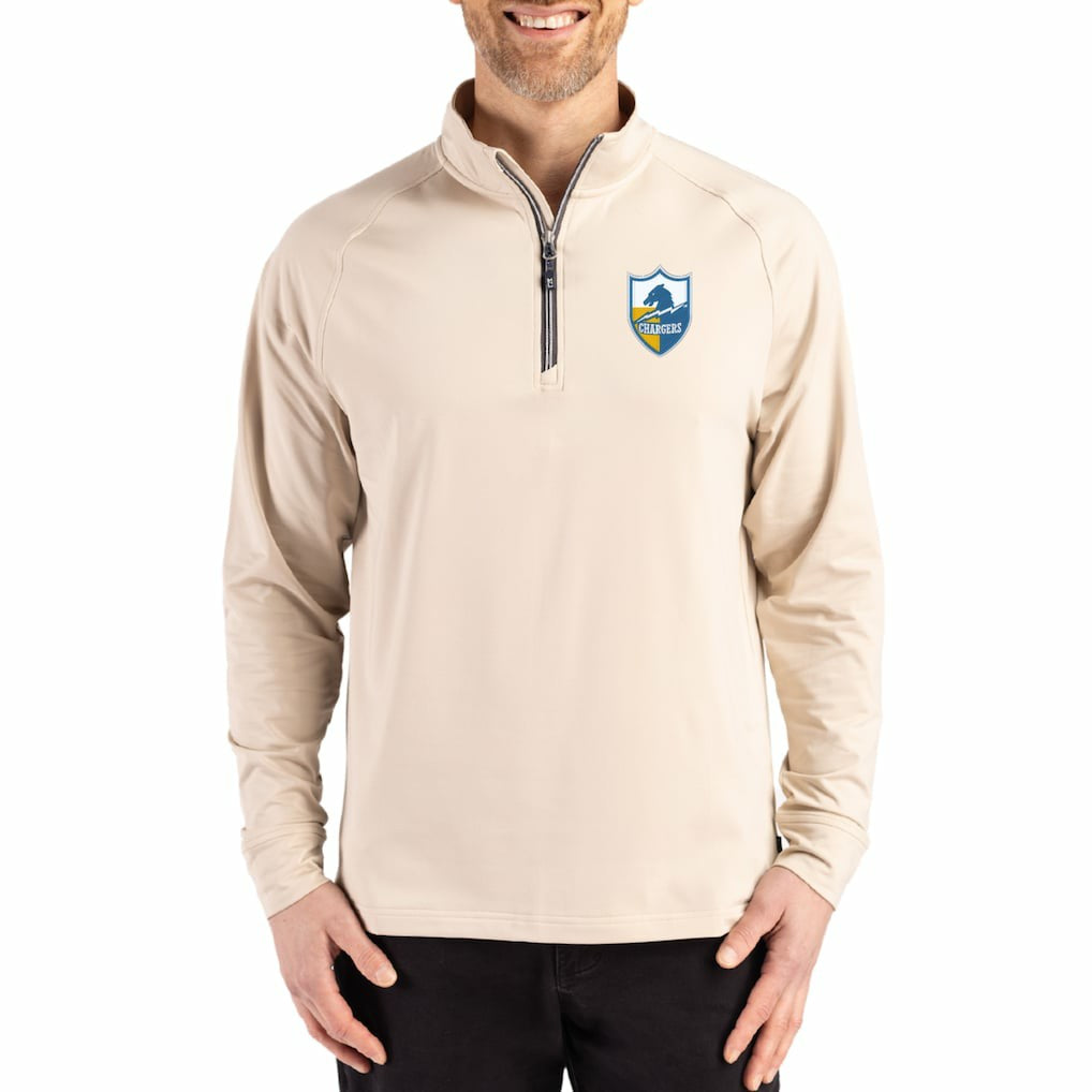 Los Angeles Chargers Cutter & Buck Throwback Logo Adapt Eco Knit Stretch Recycled Quarter-Zip Pullover Tan | NFL