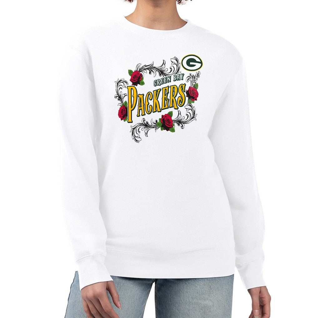 Green Bay Packers G-III 4Her by Carl Banks Women's Roses Fleece Tri-Blend Pullover Sweatshirt White | NFL