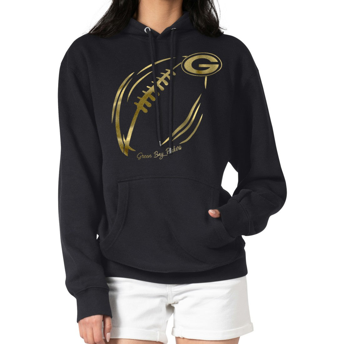 Green Bay Packers G-III 4Her by Carl Banks Women's Metallic Print Football Sketch Fleece Pullover Hoodie Black | NFL