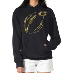 Green Bay Packers G-III 4Her by Carl Banks Women's Metallic Print Football Sketch Fleece Pullover Hoodie Black | NFL