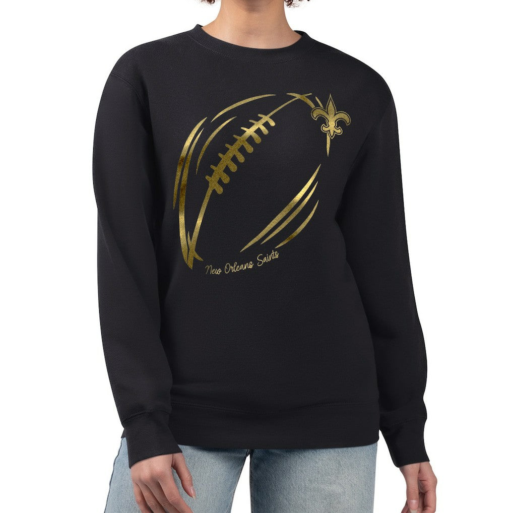 New Orleans Saints G-III 4Her by Carl Banks Women's Metallic Print Football Sketch Fleece Crewneck Sweatshirt Black | NFL