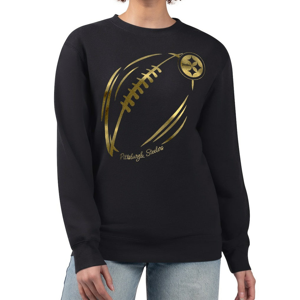 Pittsburgh Steelers G-III 4Her by Carl Banks Women's Metallic Print Football Sketch Fleece Crewneck Sweatshirt Black | NFL