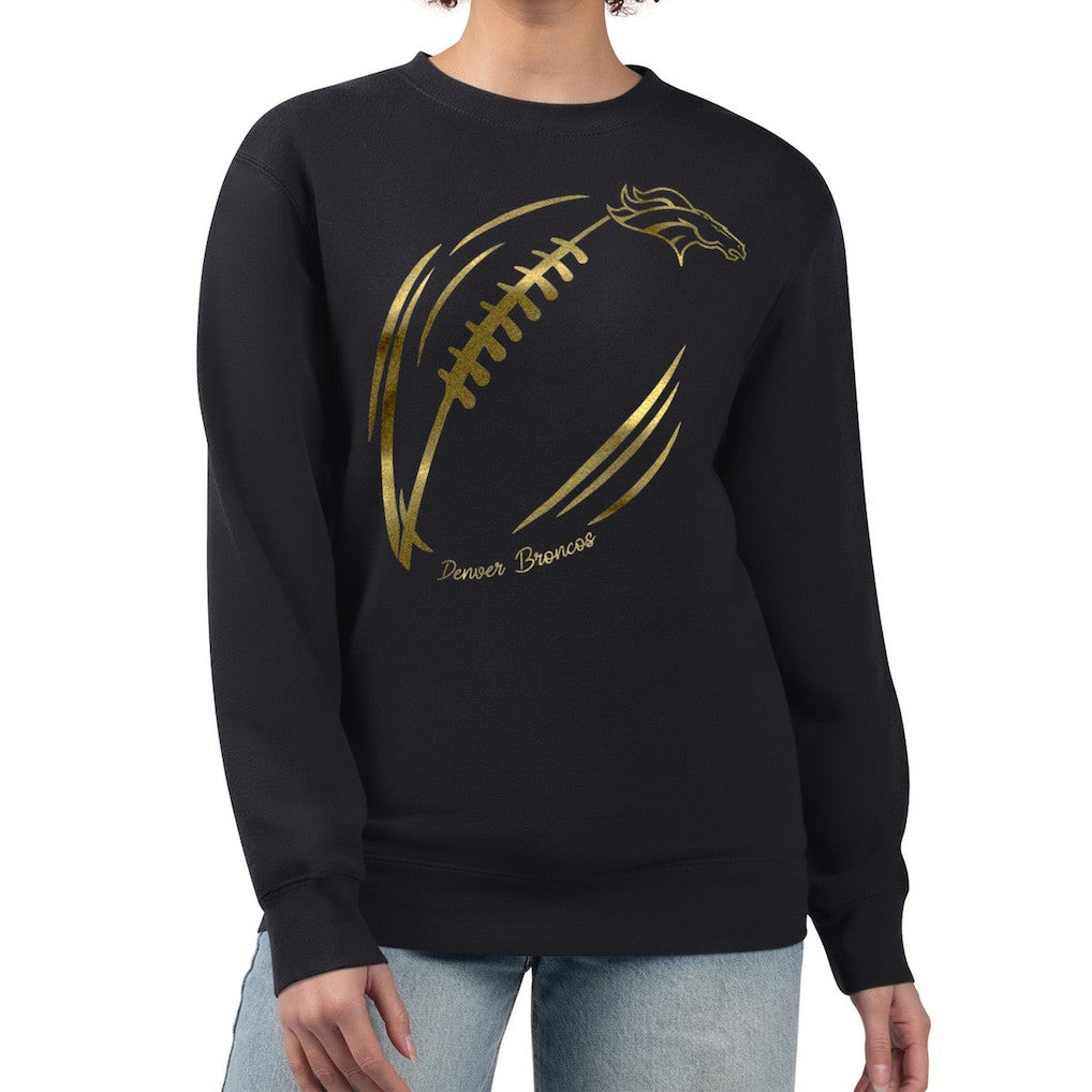 Denver Broncos G-III 4Her by Carl Banks Women's Metallic Print Football Sketch Fleece Crewneck Sweatshirt Black | NFL