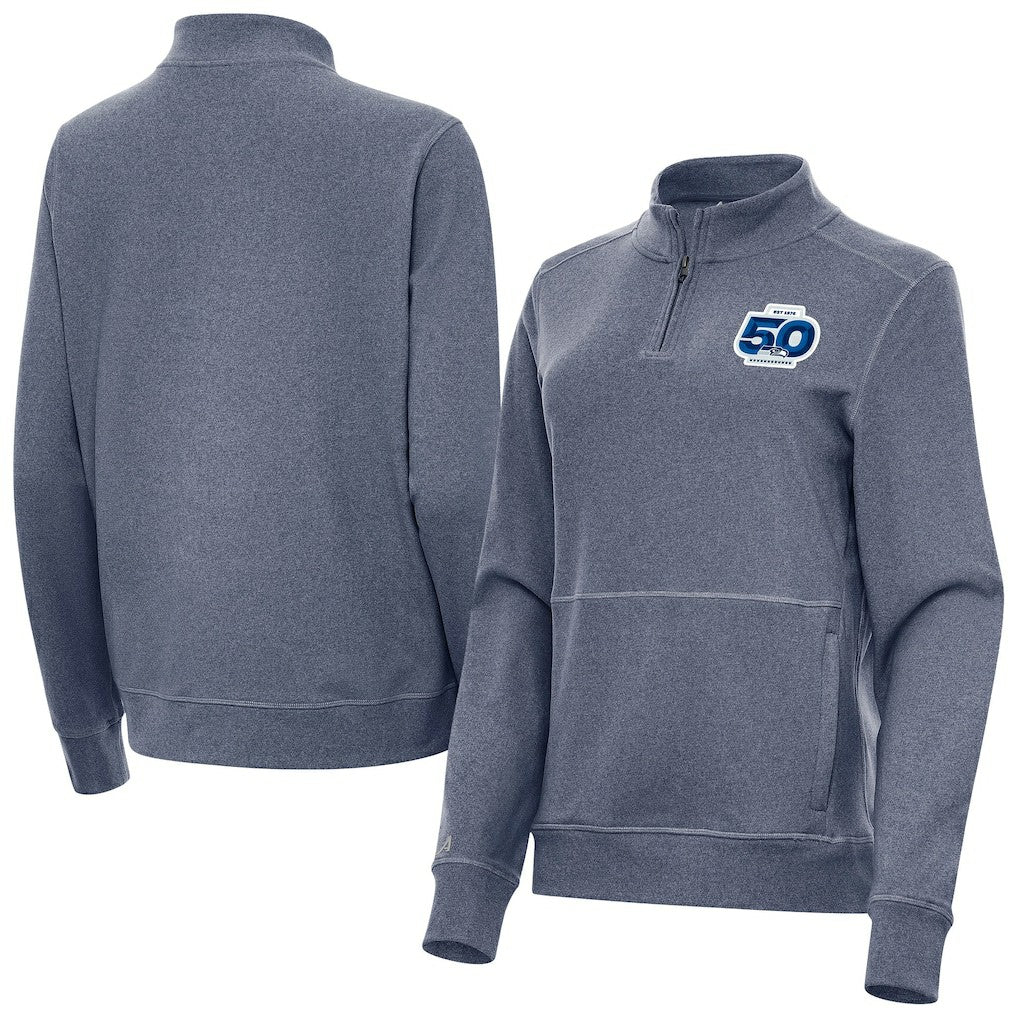 Seattle Seahawks Antigua Women's 50th Season Crush Quarter-Zip Pullover Heather Navy | NFL
