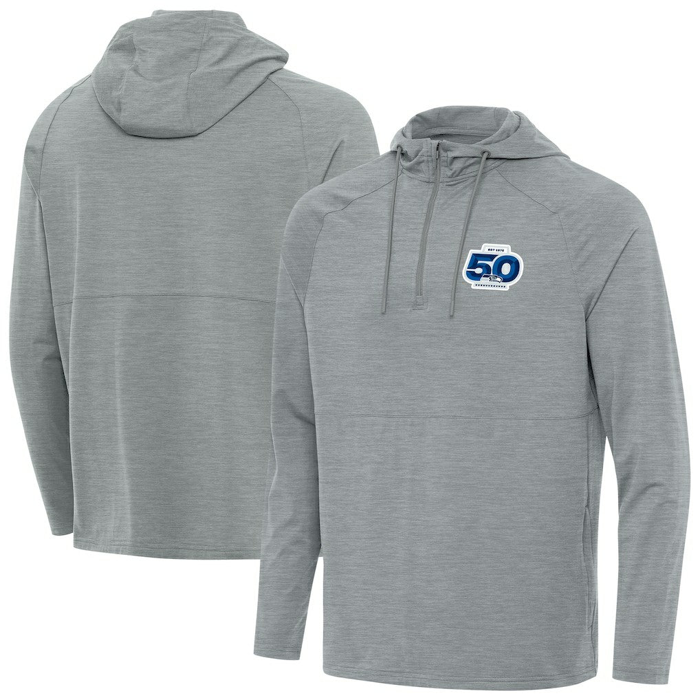 Seattle Seahawks Antigua 50th Season Spikes Raglan Quarter-Zip Hoodie Heather Gray | NFL