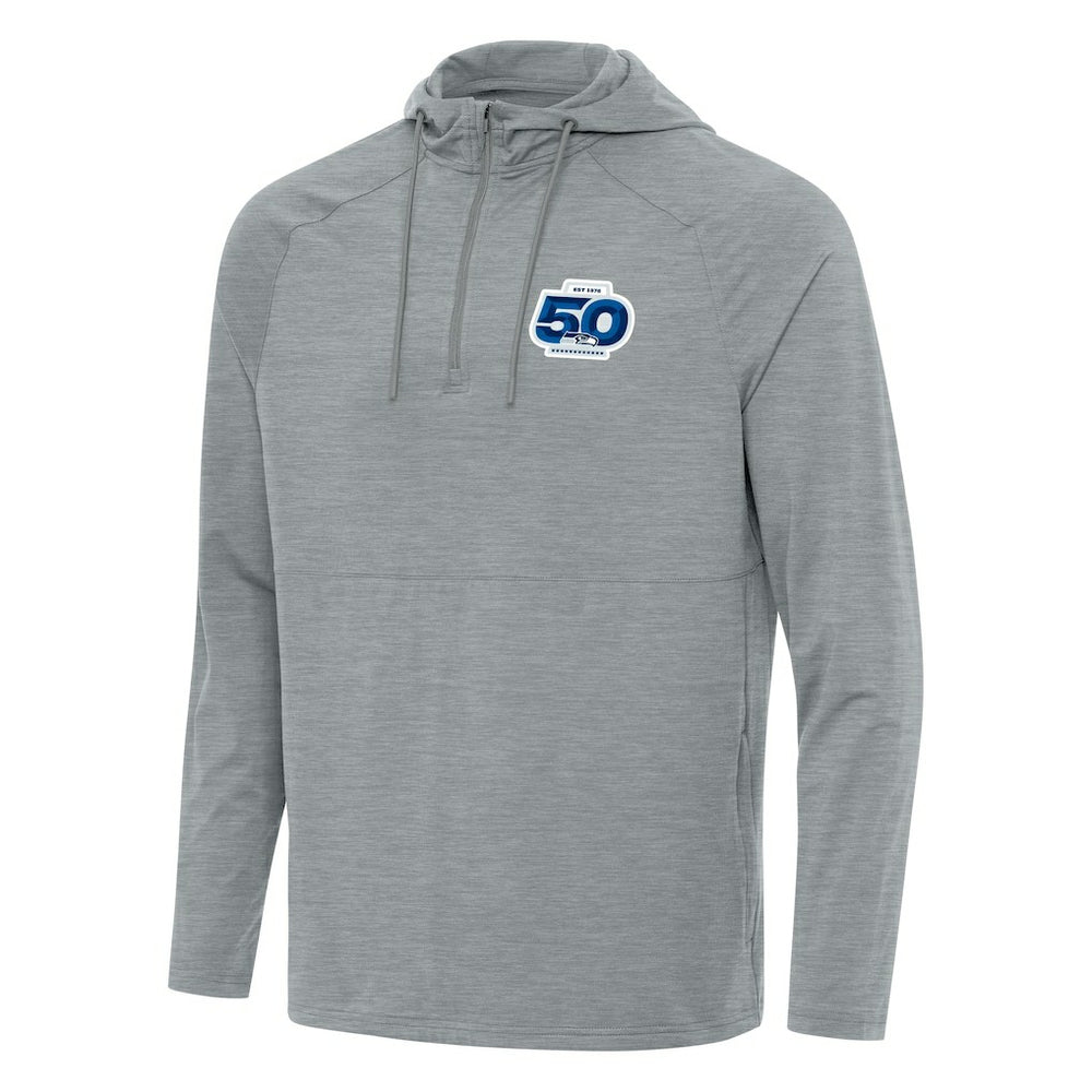 Seattle Seahawks Antigua 50th Season Spikes Raglan Quarter-Zip Hoodie Heather Gray | NFL