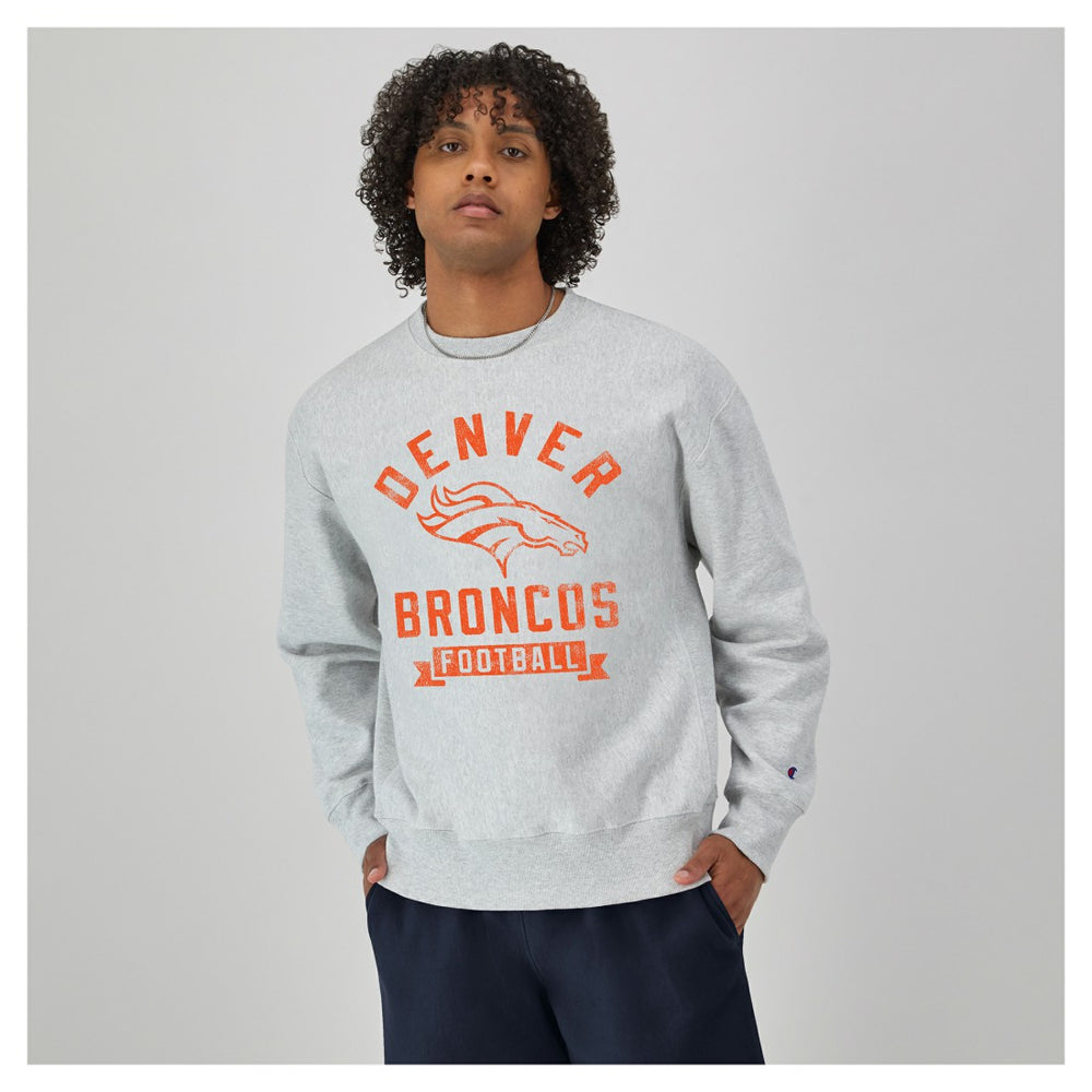 Denver Broncos Champion Reverse Weave Fleece Pullover Sweatshirt Heather Gray | NFL