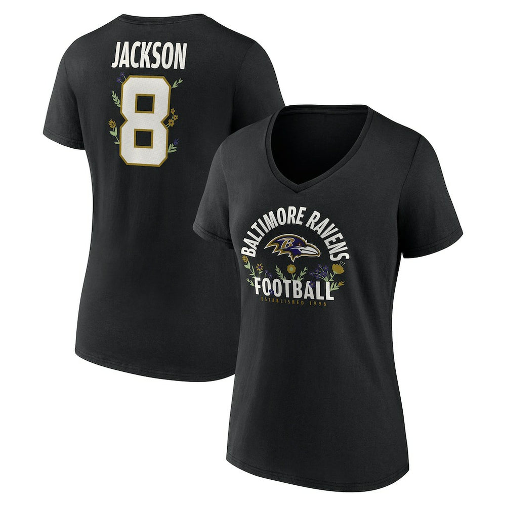 Lamar Jackson Baltimore Ravens Women's Floral Name & Number V-Neck T-Shirt Black | NFL