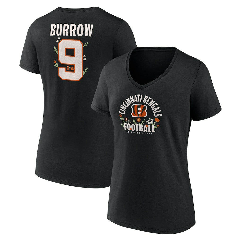 Joe Burrow Cincinnati Bengals Women's Floral Name & Number V-Neck T-Shirt Black | NFL