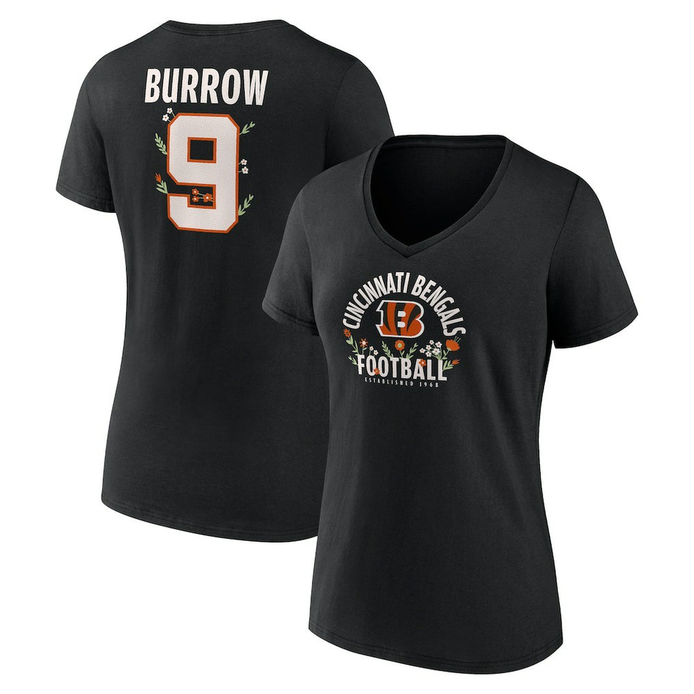 Joe Burrow Cincinnati Bengals Women's Floral Name & Number V-Neck T-Shirt Black | NFL