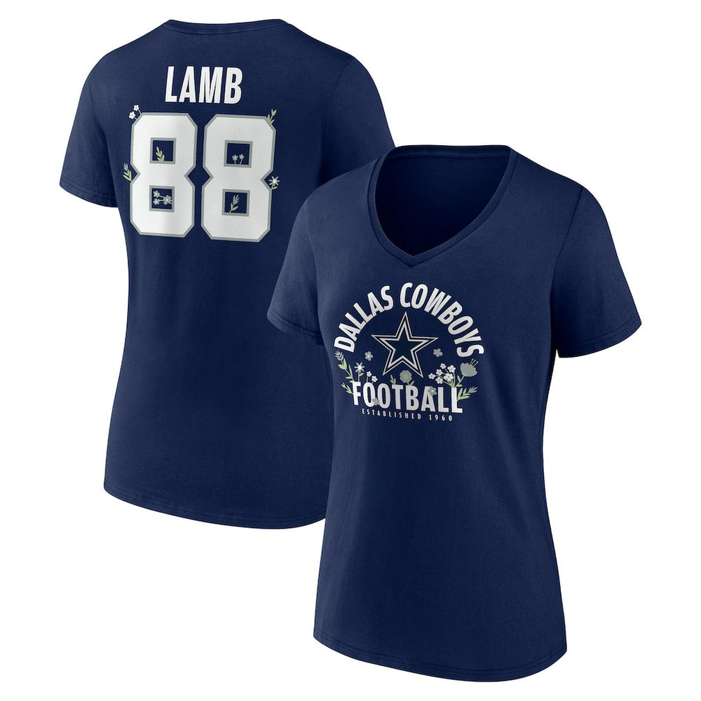 CeeDee Lamb Dallas Cowboys Women's Floral Name & Number V-Neck T-Shirt Navy | NFL
