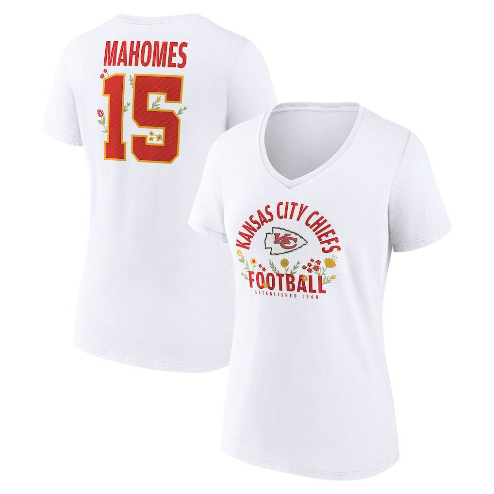 Patrick Mahomes Kansas City Chiefs Women's Floral Name & Number V-Neck T-Shirt White | NFL
