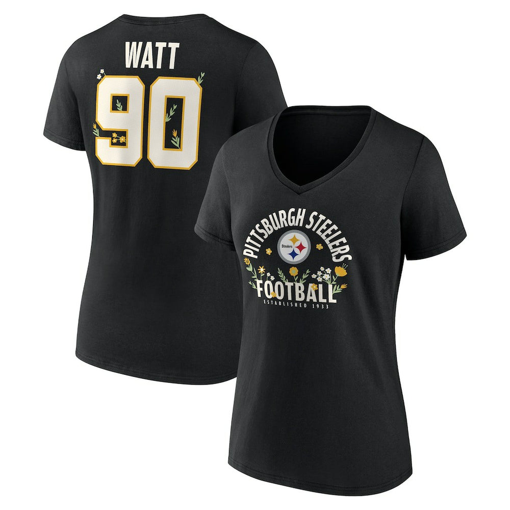T.J. Watt Pittsburgh Steelers Women's Floral Name & Number V-Neck T-Shirt Black | NFL
