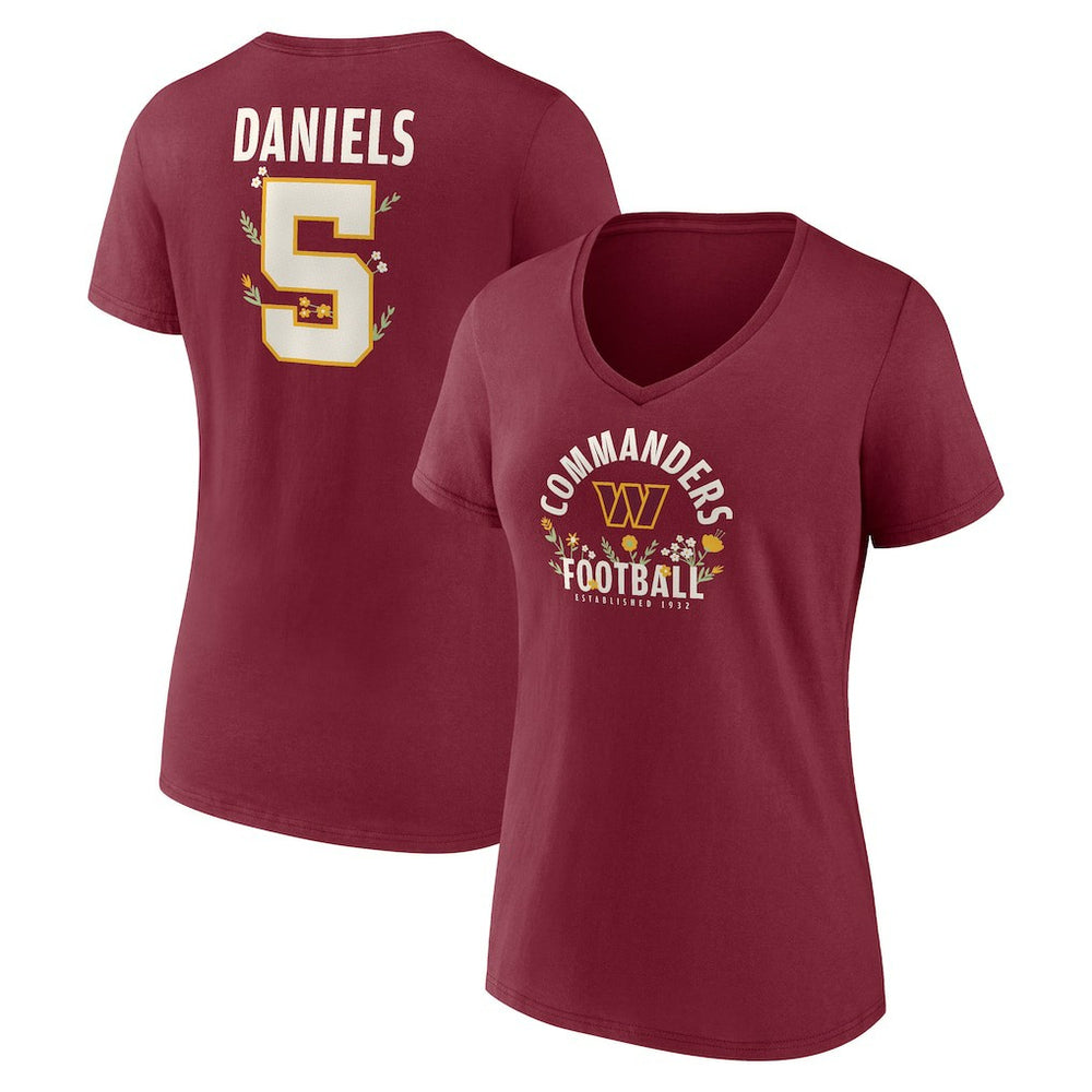 Jayden Daniels Washington Commanders Women's Floral Name & Number V-Neck T-Shirt Garnet | NFL
