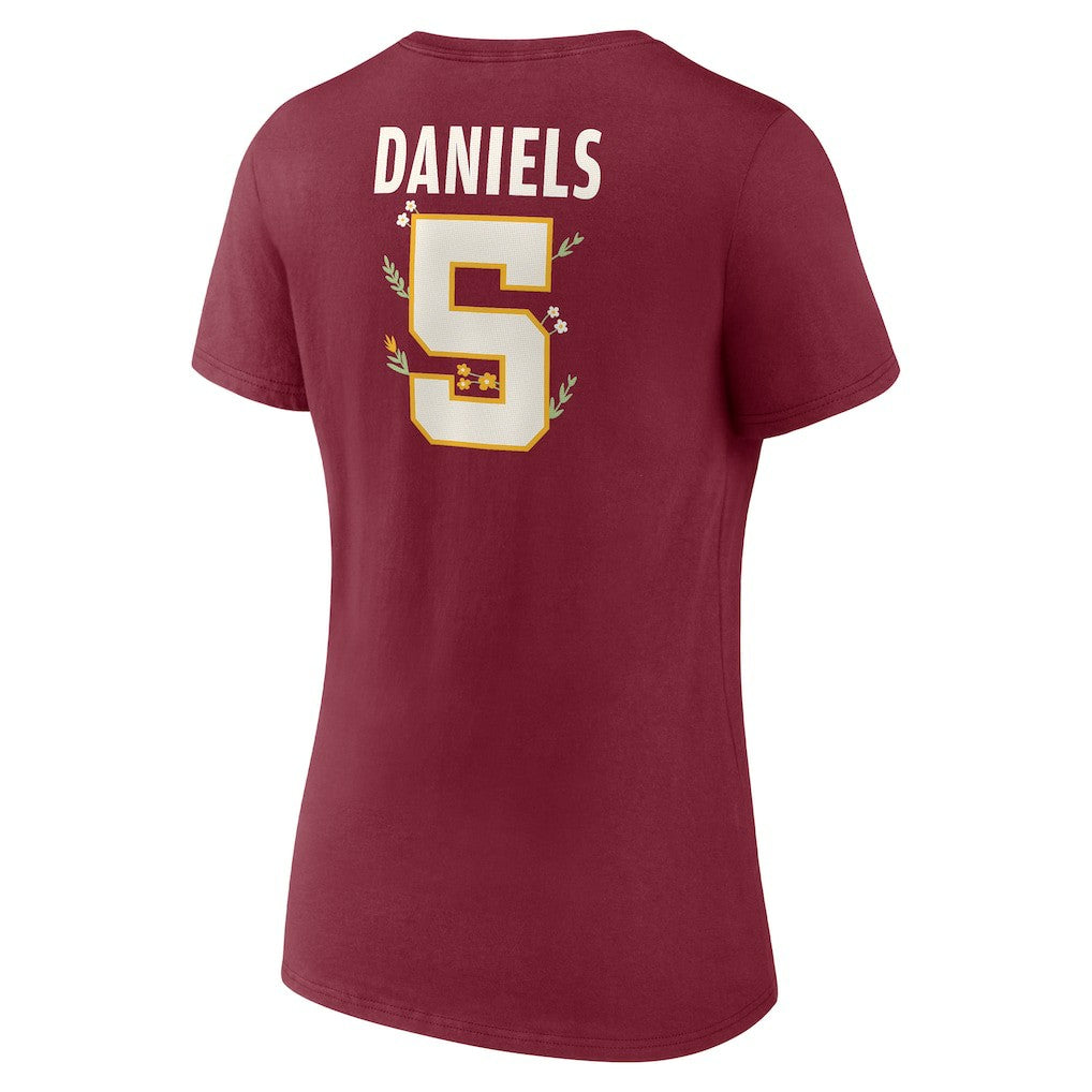 Jayden Daniels Washington Commanders Women's Floral Name & Number V-Neck T-Shirt Garnet | NFL