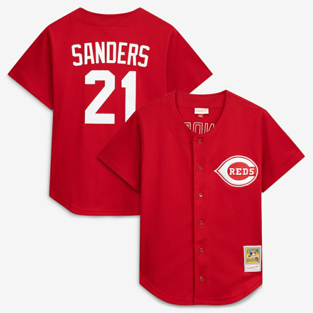 Deion Sanders Cincinnati Reds Mitchell & Ness Cooperstown Mesh Batting Practice Button-Up Jersey - MLB