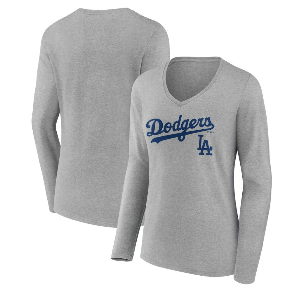 Los Angeles Dodgers Women's Team Lockup Long Sleeve V-Neck T-Shirt - MLB