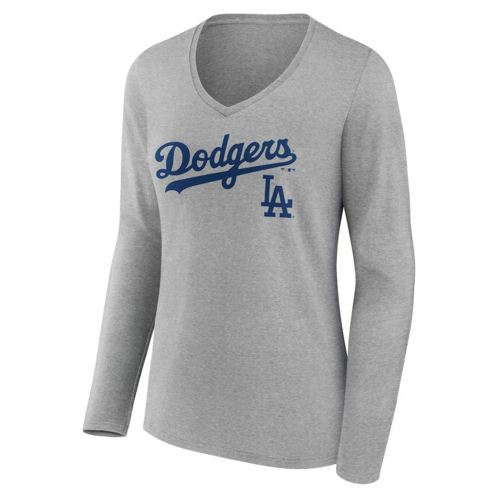 Los Angeles Dodgers Women's Team Lockup Long Sleeve V-Neck T-Shirt - MLB