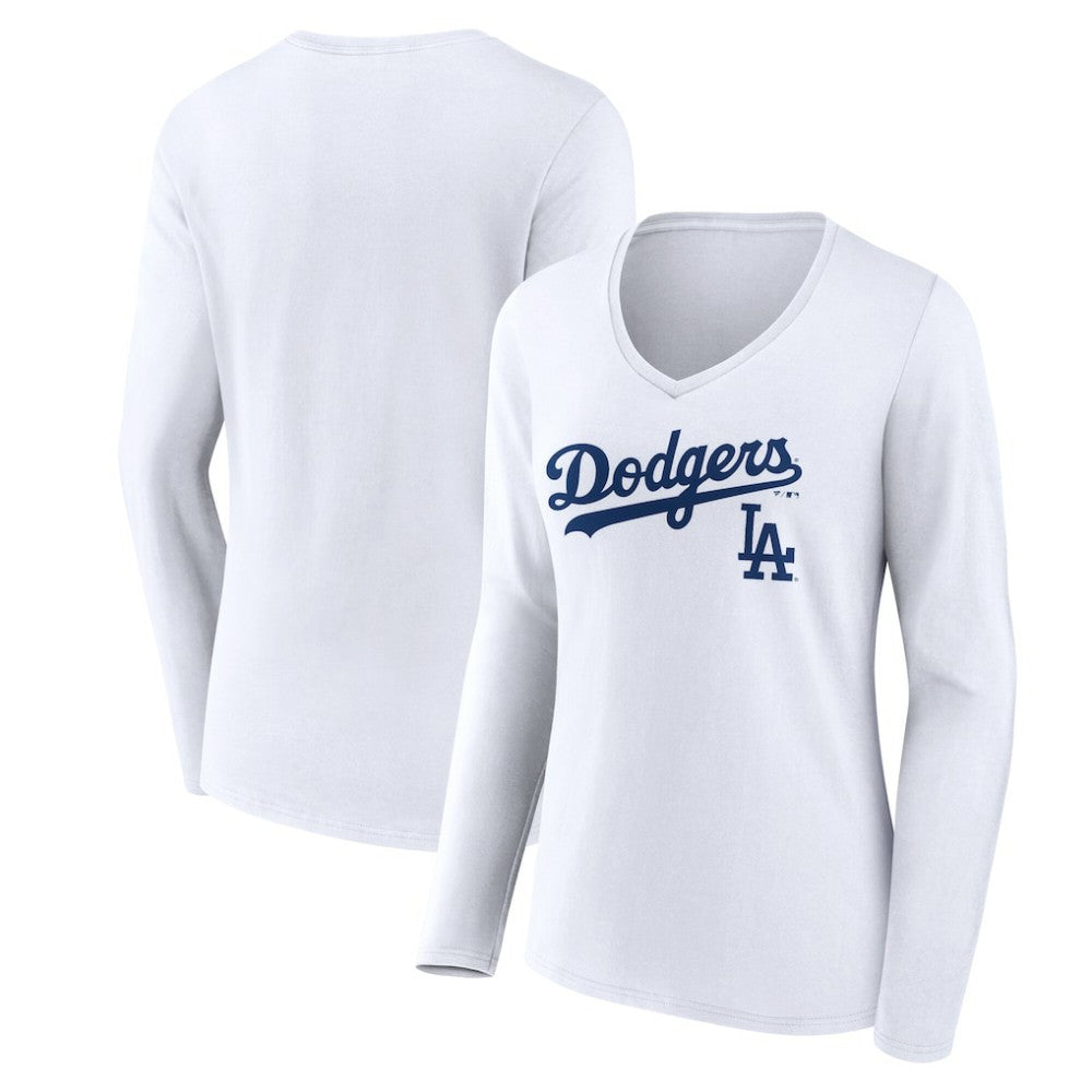 Los Angeles Dodgers Women's Team Lockup Long Sleeve V-Neck T-Shirt - MLB