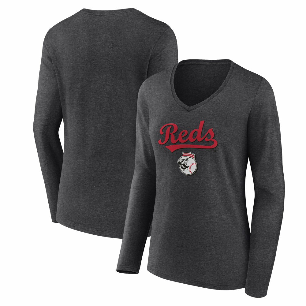 Cincinnati Reds Women's Team Lockup Long Sleeve V-Neck T-Shirt - MLB