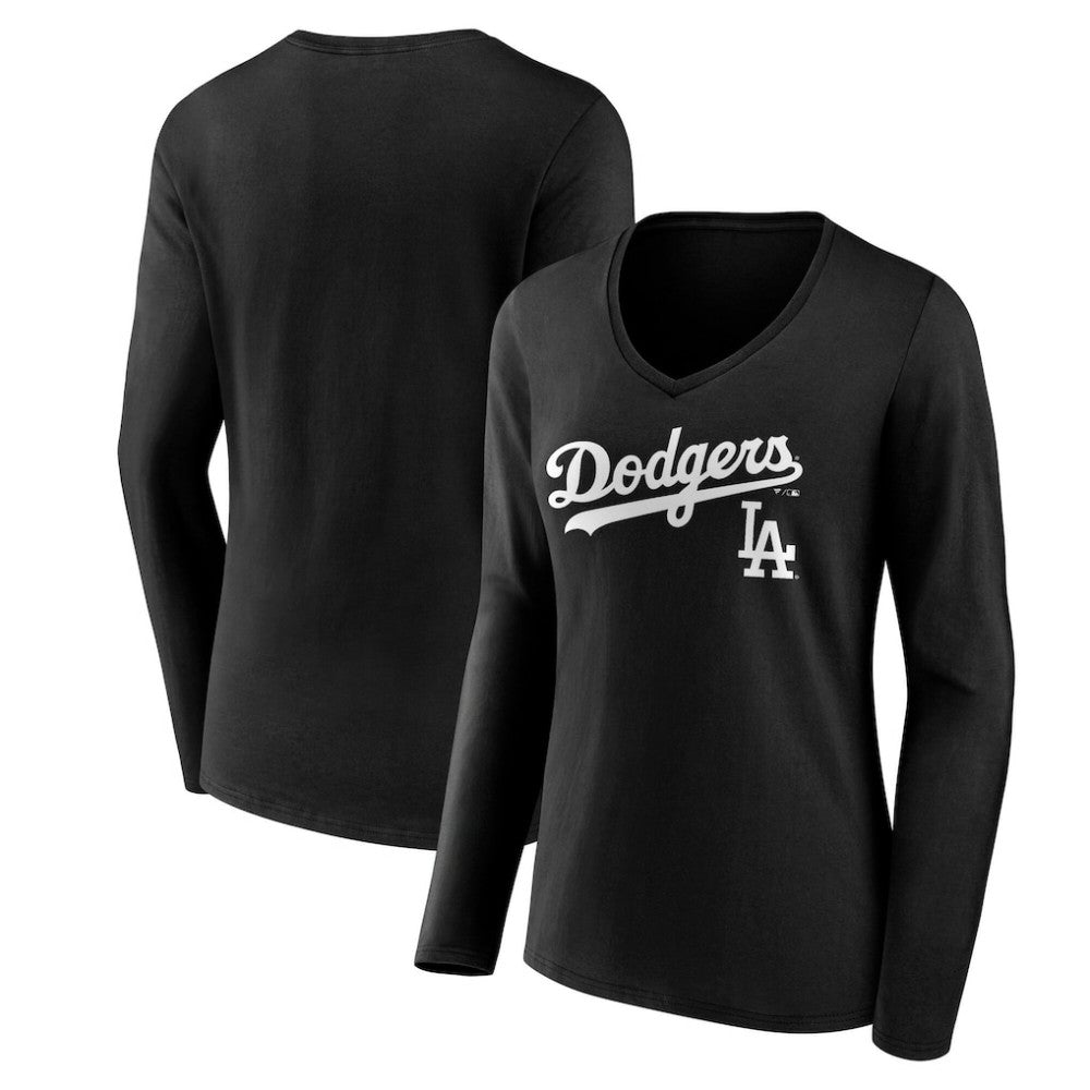 Los Angeles Dodgers Women's Team Lockup Long Sleeve V-Neck T-Shirt - MLB