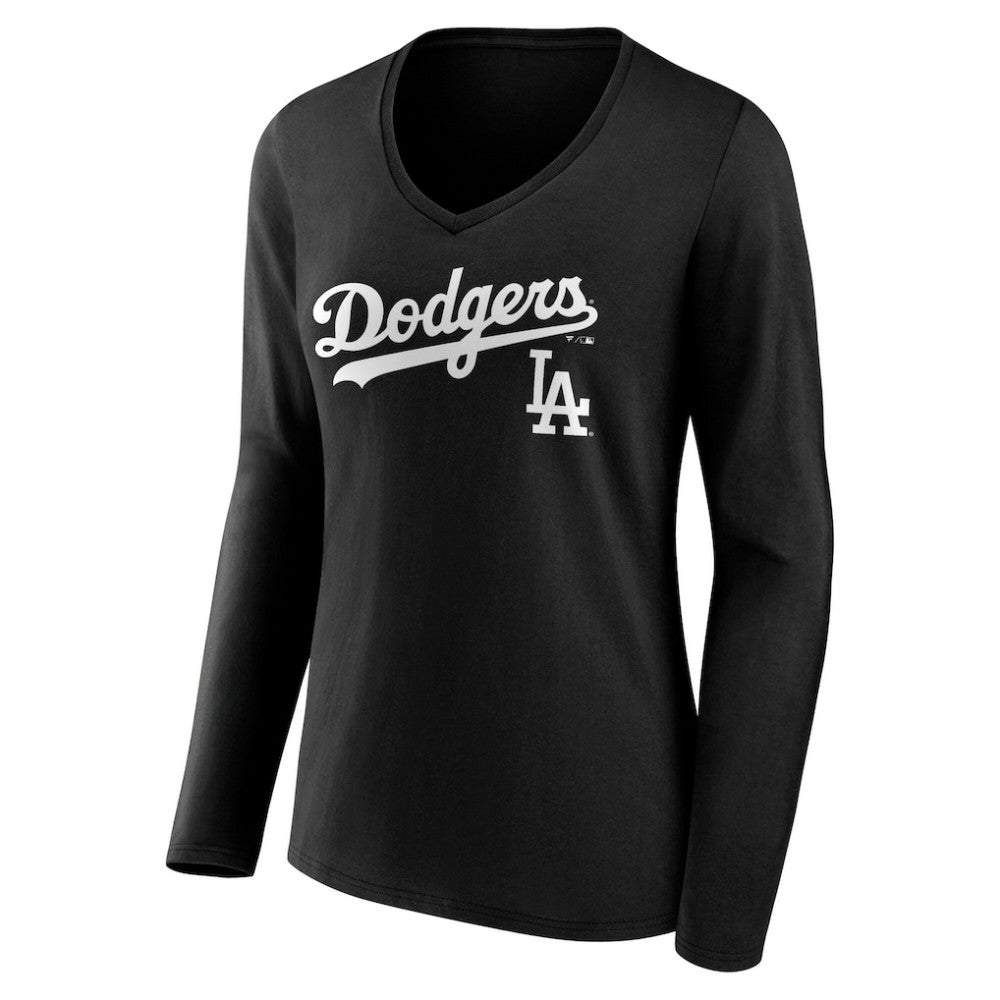 Los Angeles Dodgers Women's Team Lockup Long Sleeve V-Neck T-Shirt - MLB