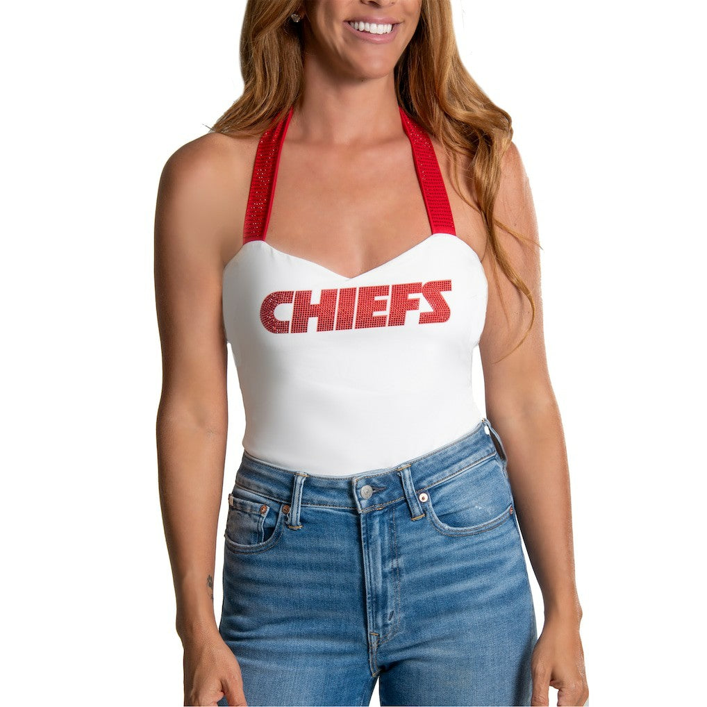 Kansas City Chiefs Cuce Women's Rhinestone Semi-Cropped Halter Tank White | NFL