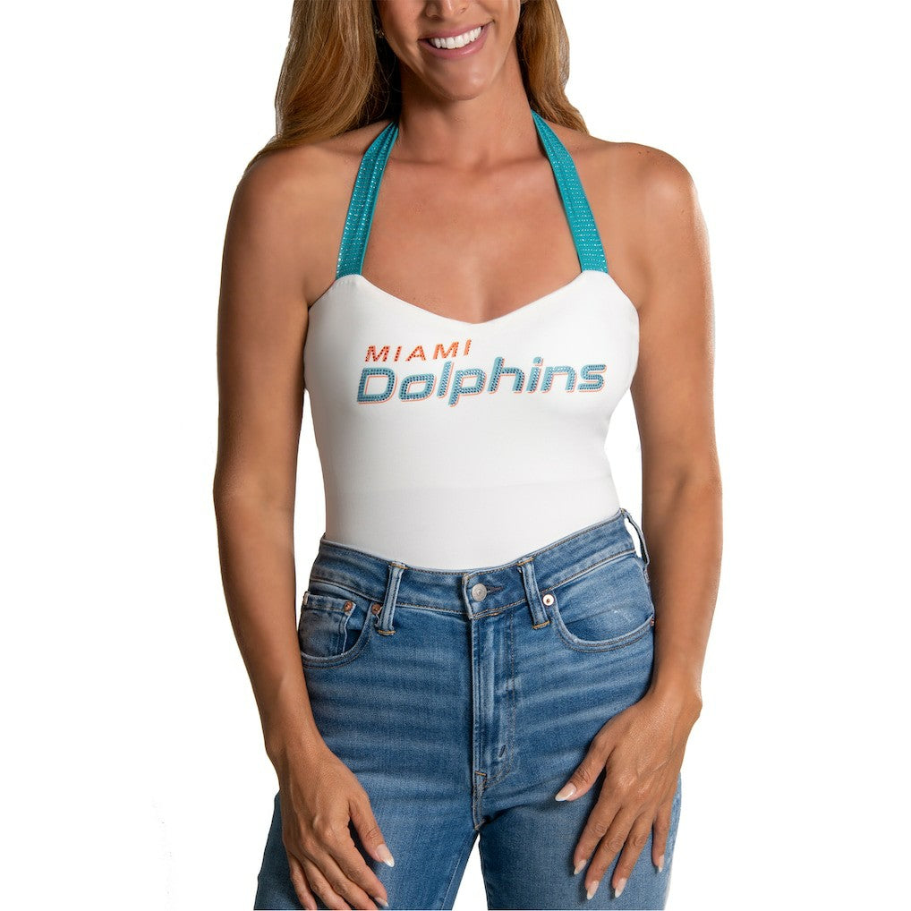 Miami Dolphins Cuce Women's Rhinestone Semi-Cropped Halter Tank White | NFL