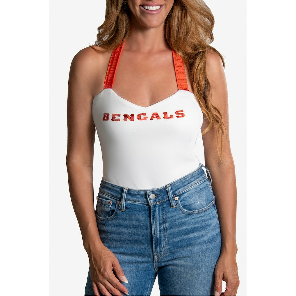 Cincinnati Bengals Cuce Women's Rhinestone Semi-Cropped Halter Tank White | NFL