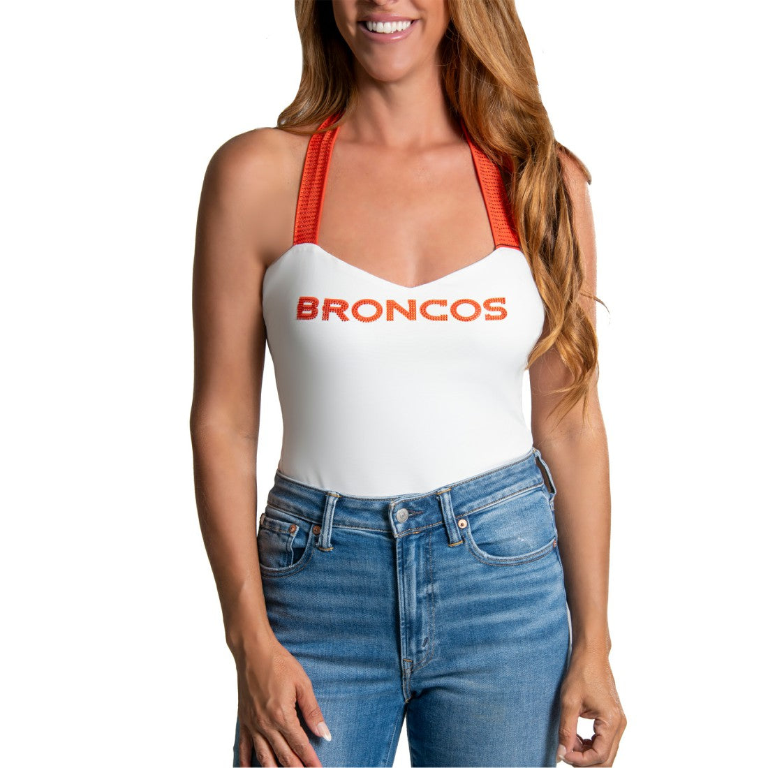 Denver Broncos Cuce Women's Rhinestone Semi-Cropped Halter Tank White | NFL