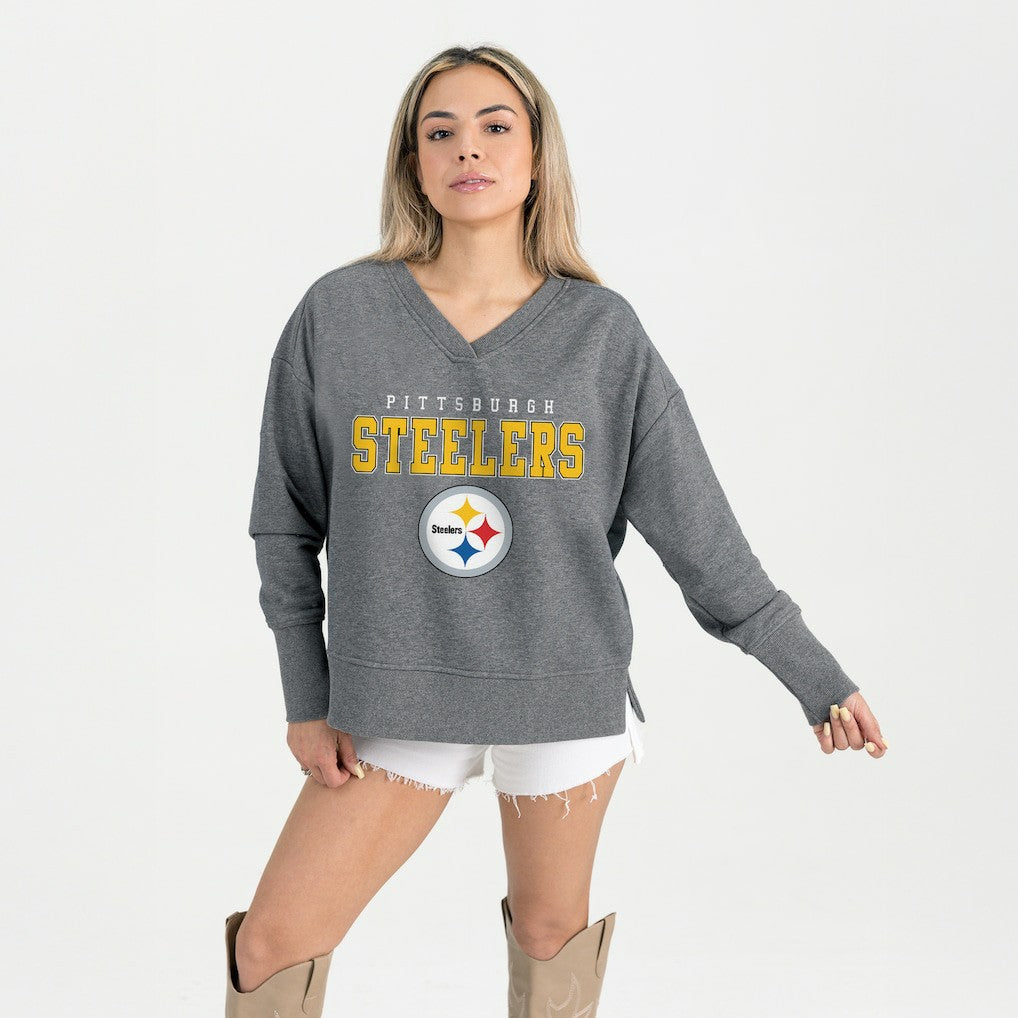 Pittsburgh Steelers Gameday Couture Women's French Terry V-Neck Pullover Sweatshirt Gray | NFL