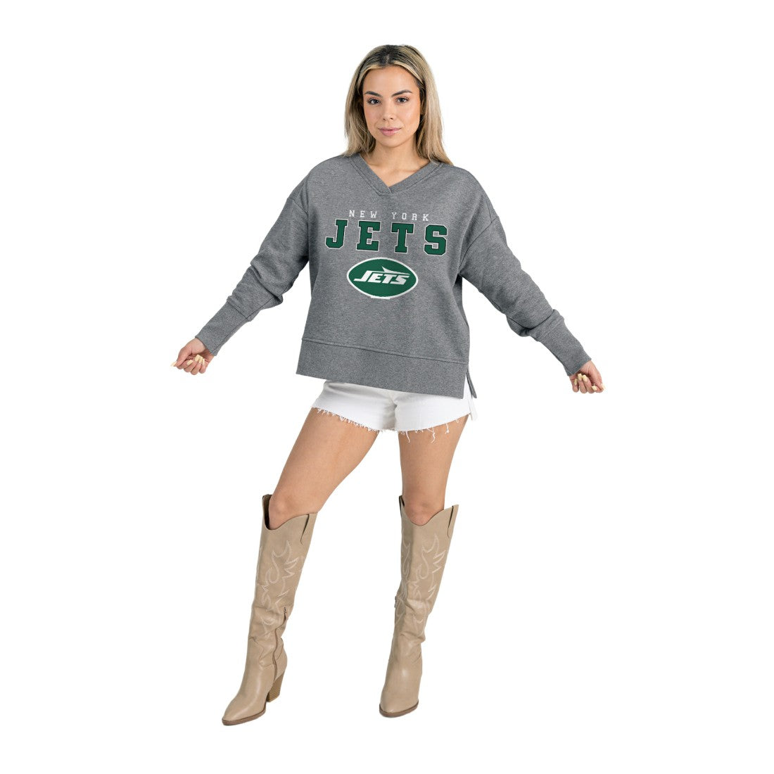 New York Jets Gameday Couture Women's French Terry V-Neck Pullover Sweatshirt Gray | NFL