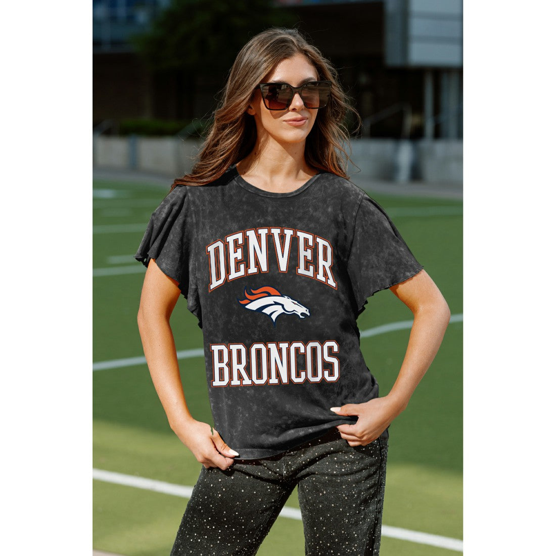 Denver Broncos Gameday Couture Women's Relaxed Flutter Sleeve T-Shirt Black | NFL